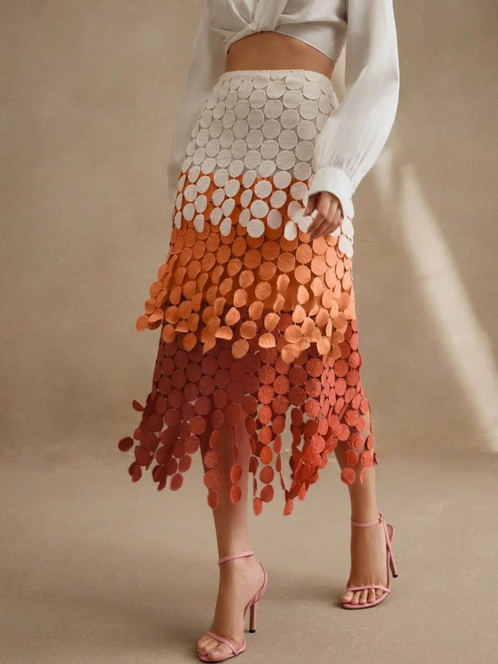 Orange Elegant Women's Hollow Embroidery Fringe Asymmetrical Midi Skirt